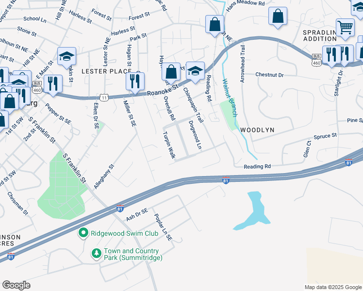 map of restaurants, bars, coffee shops, grocery stores, and more near 425 Overhill Road in Christiansburg