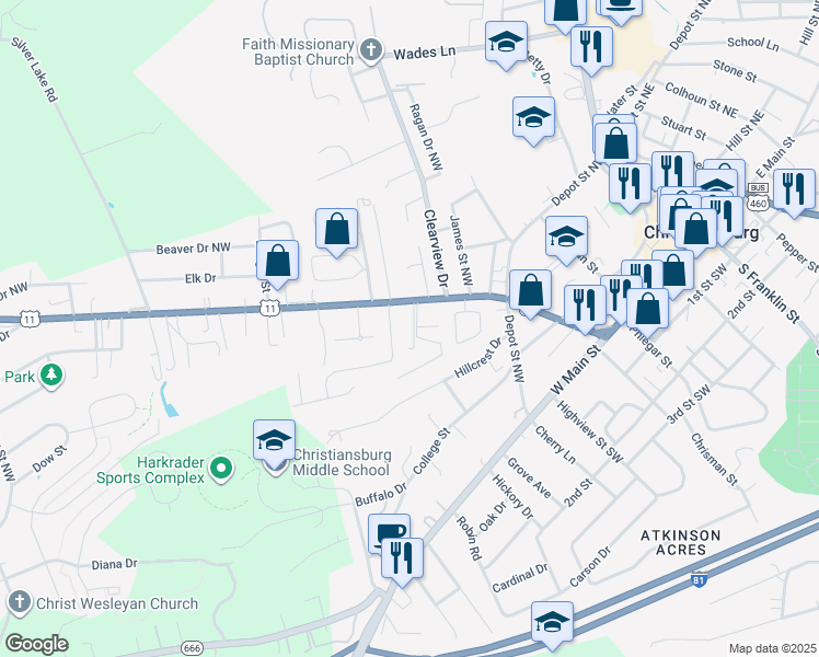 map of restaurants, bars, coffee shops, grocery stores, and more near 550 Underwood Street in Christiansburg