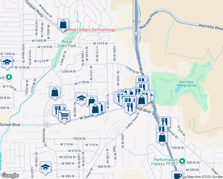 map of restaurants, bars, coffee shops, grocery stores, and more near 1066 North 1100 West in St. George