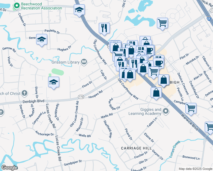 map of restaurants, bars, coffee shops, grocery stores, and more near 57 Carmella Circle in Newport News