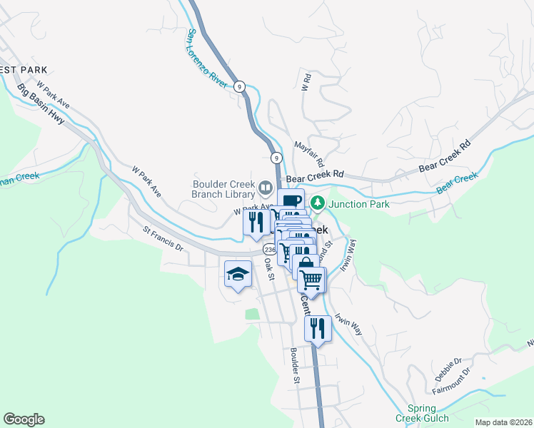 map of restaurants, bars, coffee shops, grocery stores, and more near 13395 West Park Avenue in Boulder Creek