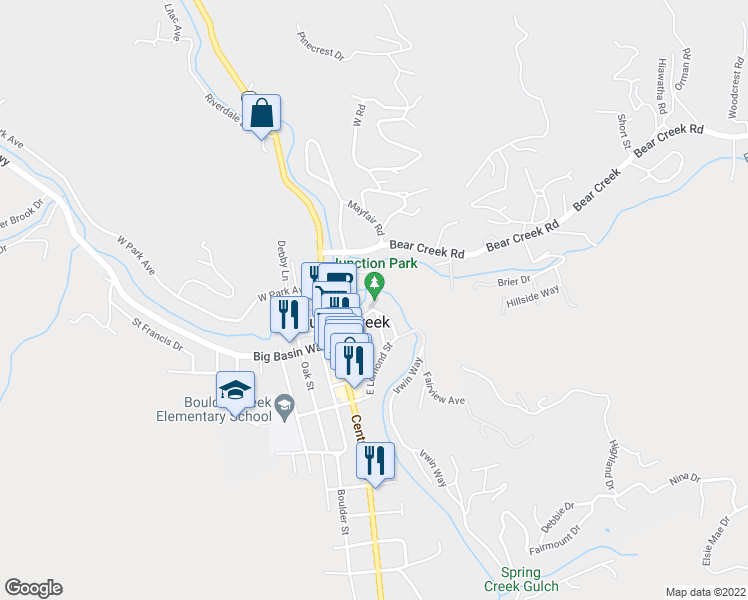 map of restaurants, bars, coffee shops, grocery stores, and more near 13264 Middleton Avenue in Boulder Creek