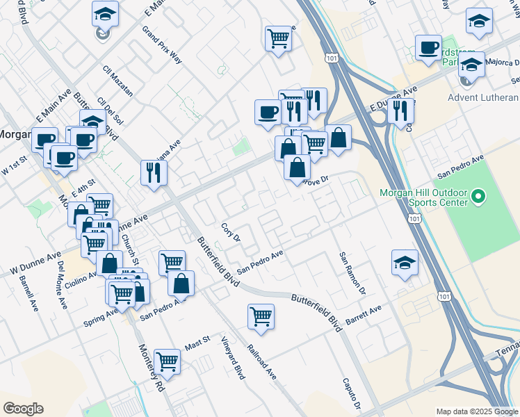 map of restaurants, bars, coffee shops, grocery stores, and more near 16968 Cory Drive in Morgan Hill