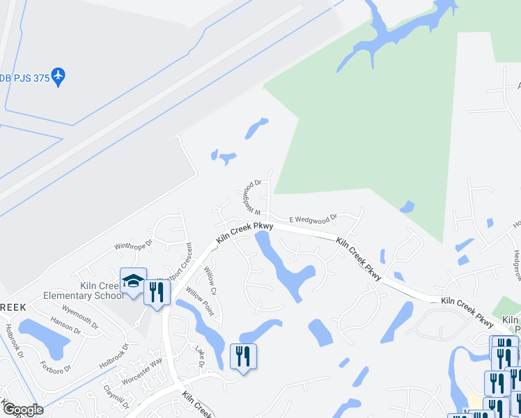 map of restaurants, bars, coffee shops, grocery stores, and more near 215 West Wedgwood Drive in Yorktown