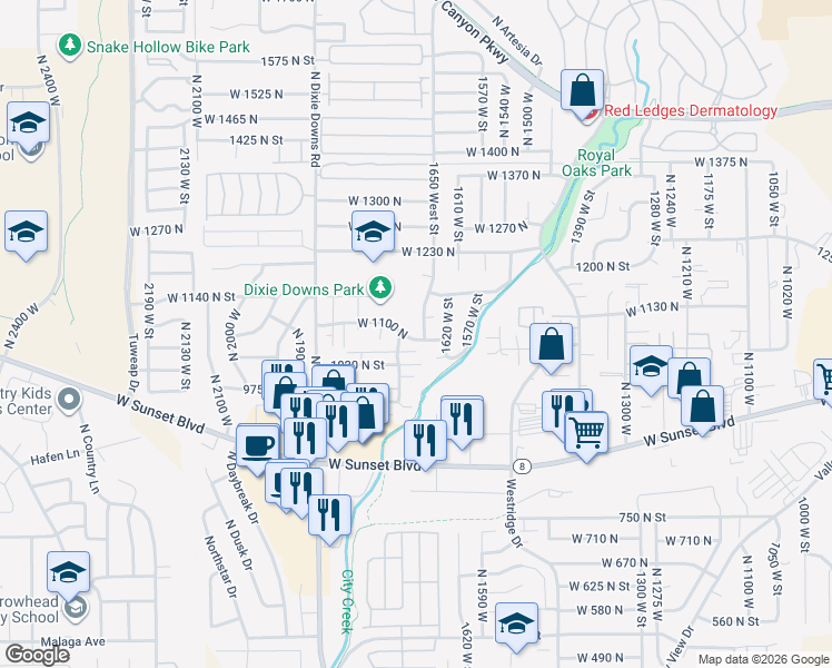 map of restaurants, bars, coffee shops, grocery stores, and more near 1105 1650 West in St. George