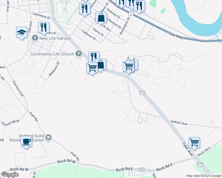 map of restaurants, bars, coffee shops, grocery stores, and more near 1400 Cedar Ridge Drive in Radford