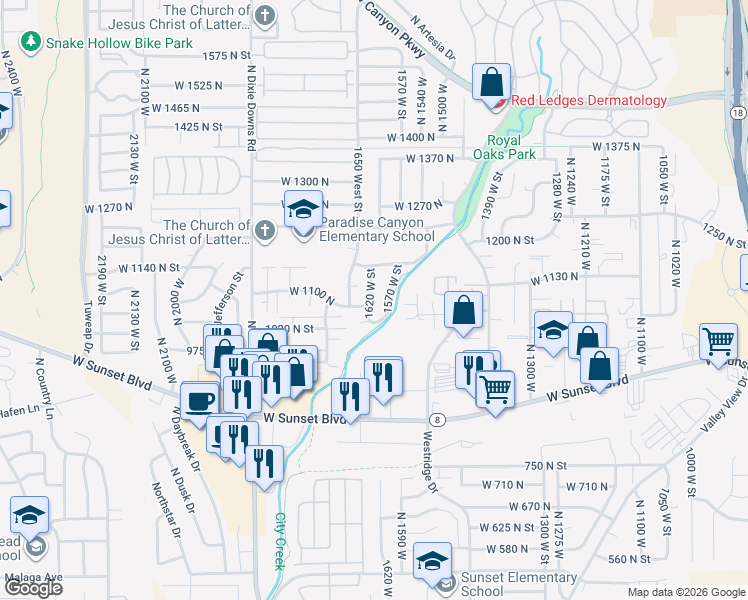 map of restaurants, bars, coffee shops, grocery stores, and more near 1065 North 1620 West in St. George