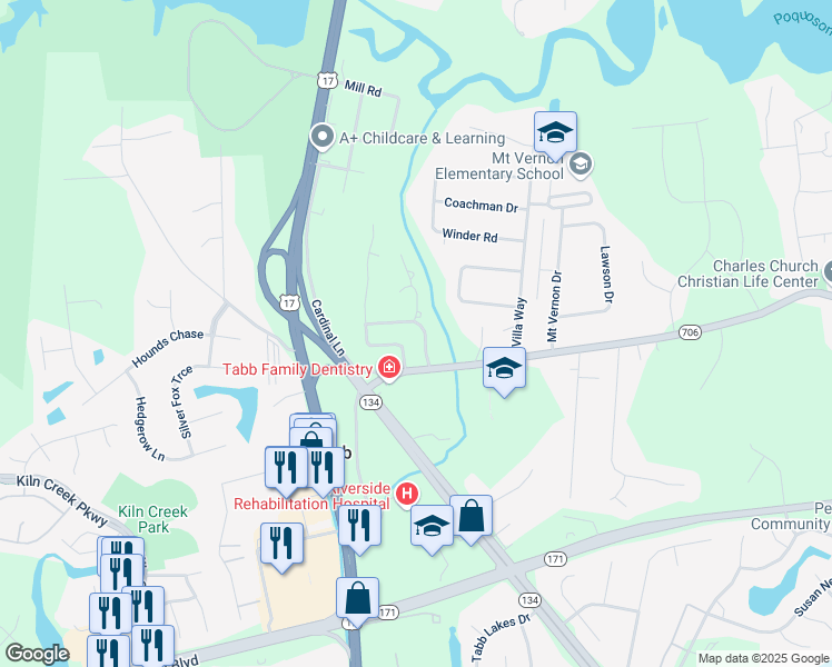 map of restaurants, bars, coffee shops, grocery stores, and more near 107 Myers Road in Yorktown