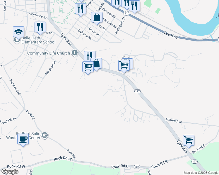 map of restaurants, bars, coffee shops, grocery stores, and more near 1400 Cedar Ridge Drive in Radford