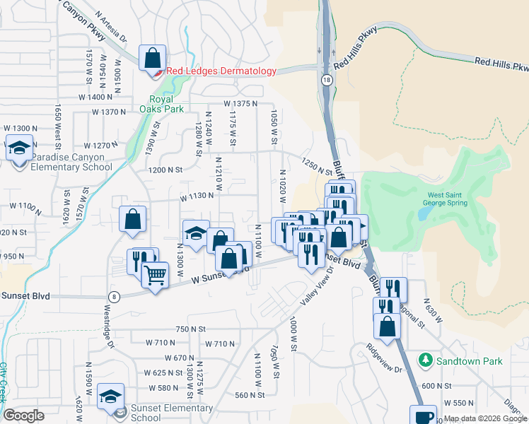 map of restaurants, bars, coffee shops, grocery stores, and more near 1066 North 1100 West in St. George