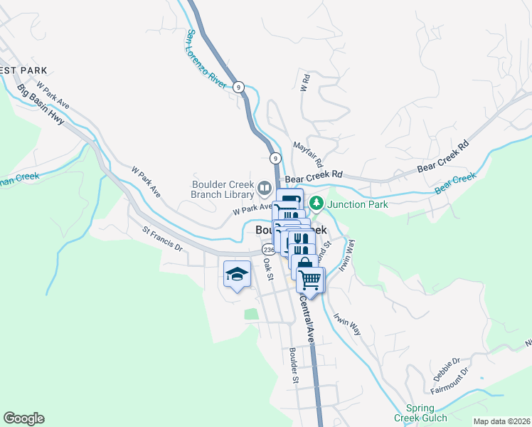 map of restaurants, bars, coffee shops, grocery stores, and more near 13395 West Park Avenue in Boulder Creek