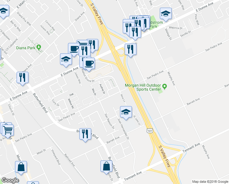 map of restaurants, bars, coffee shops, grocery stores, and more near 865 San Pedro Avenue in Morgan Hill