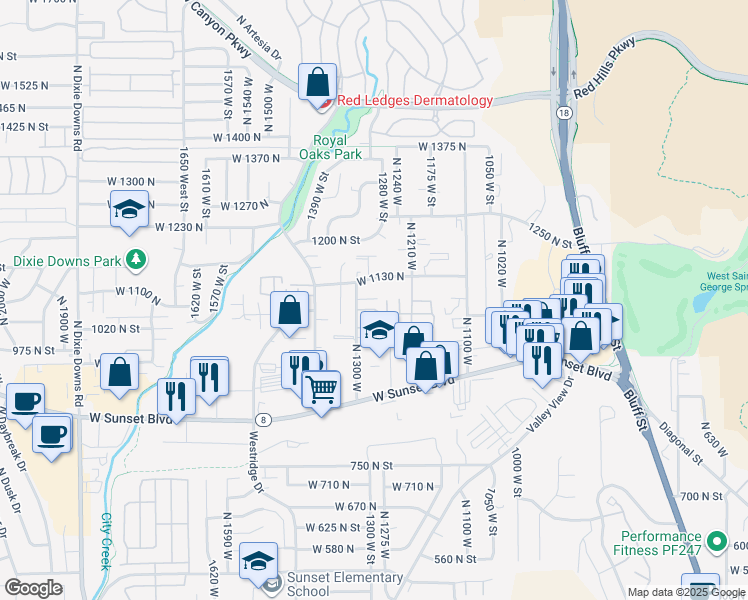 map of restaurants, bars, coffee shops, grocery stores, and more near 1108 North 1300 West in St. George