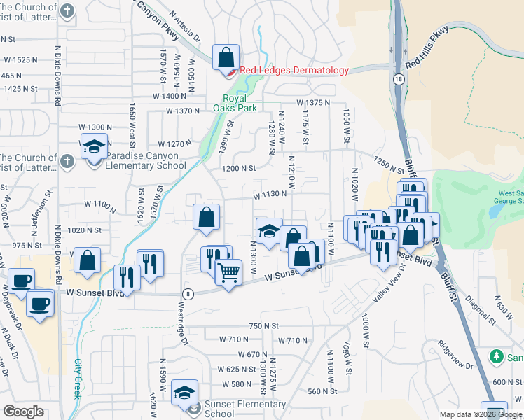 map of restaurants, bars, coffee shops, grocery stores, and more near 1040 North 1300 West in St. George