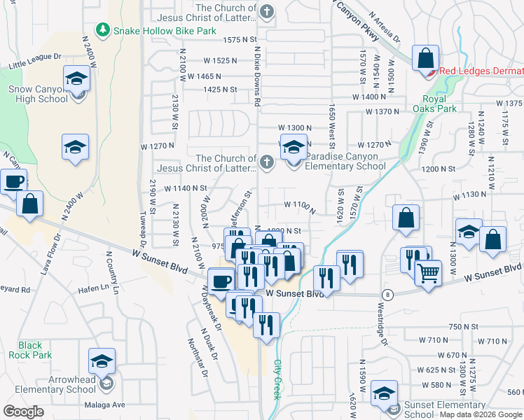 map of restaurants, bars, coffee shops, grocery stores, and more near 1840 1100 North in St. George