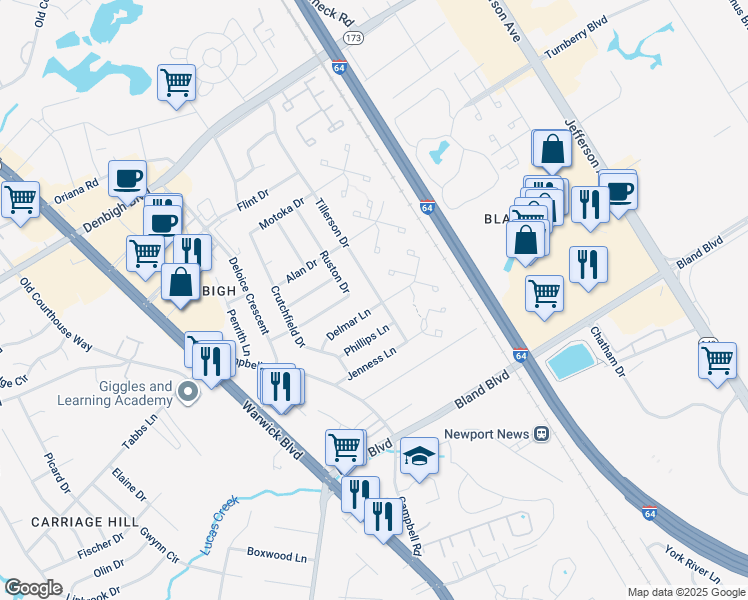 map of restaurants, bars, coffee shops, grocery stores, and more near 17 Tillerson Drive in Newport News