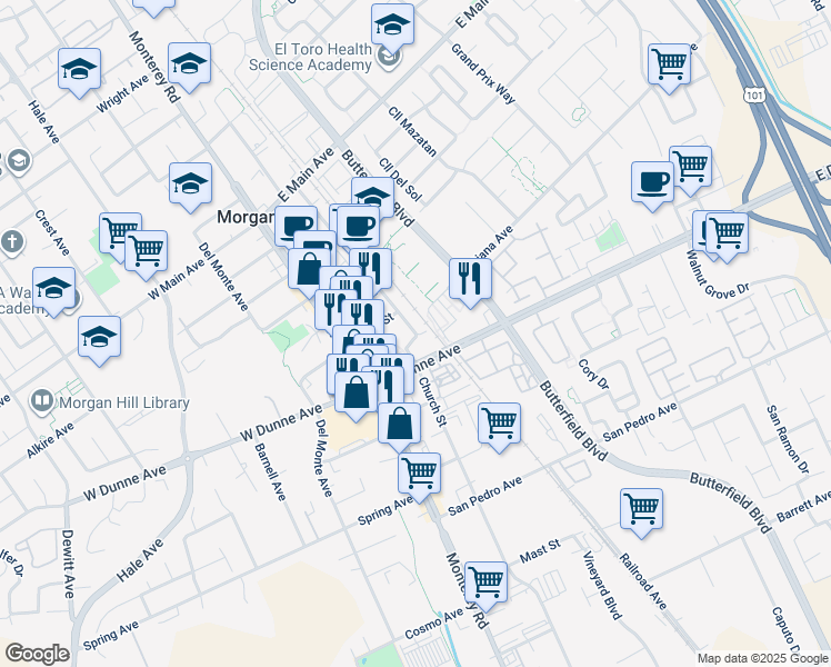 map of restaurants, bars, coffee shops, grocery stores, and more near 17050 Depot Street in Morgan Hill