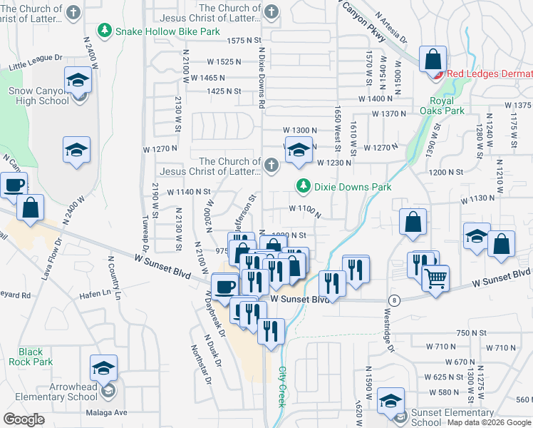 map of restaurants, bars, coffee shops, grocery stores, and more near 1840 West 1100 North in St. George