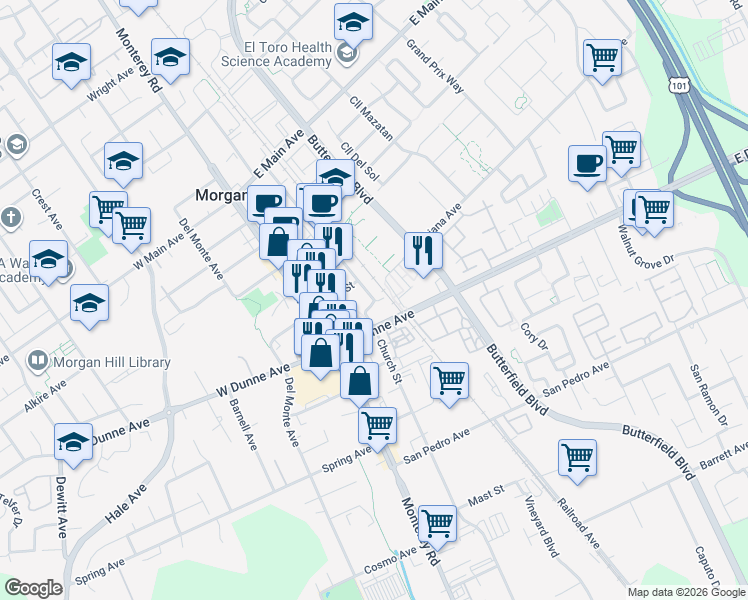 map of restaurants, bars, coffee shops, grocery stores, and more near 17054 Depot Street in Morgan Hill