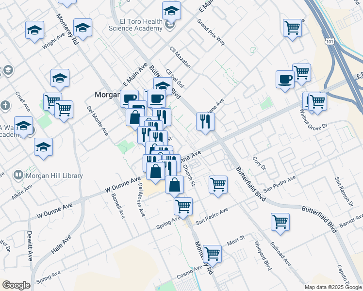 map of restaurants, bars, coffee shops, grocery stores, and more near 17050 Depot Street in Morgan Hill