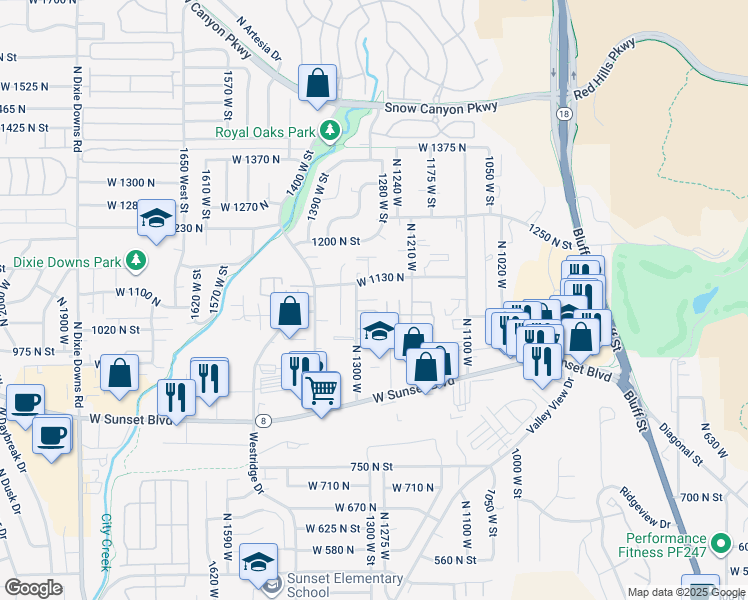 map of restaurants, bars, coffee shops, grocery stores, and more near 1040 North 1300 West in St. George