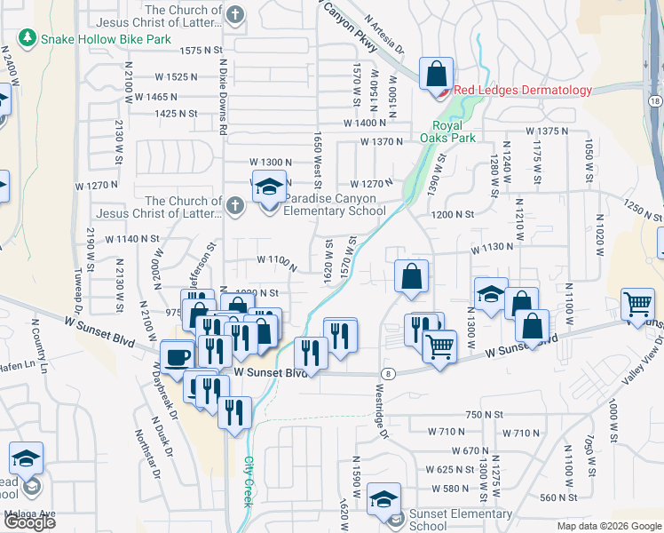 map of restaurants, bars, coffee shops, grocery stores, and more near 1065 North 1620 West in St. George