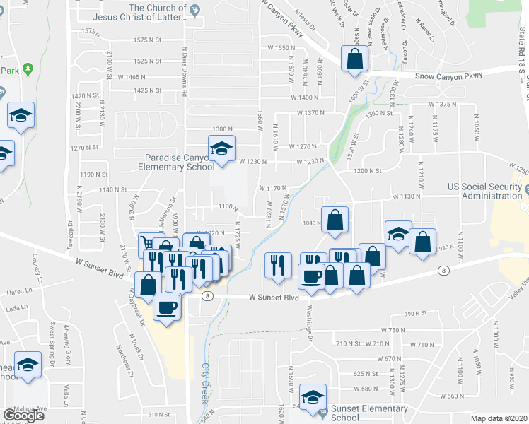 map of restaurants, bars, coffee shops, grocery stores, and more near 1065 North 1620 West in St. George