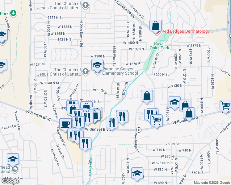 map of restaurants, bars, coffee shops, grocery stores, and more near 1065 North 1620 West in St. George