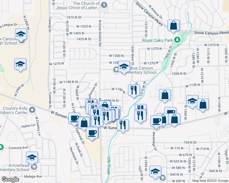 map of restaurants, bars, coffee shops, grocery stores, and more near 1045 North 1725 West in St. George