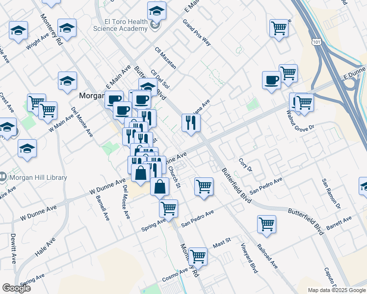 map of restaurants, bars, coffee shops, grocery stores, and more near 235 East Dunne Avenue in Morgan Hill
