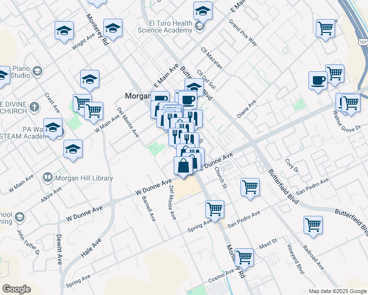 map of restaurants, bars, coffee shops, grocery stores, and more near 17105 Monterey Road in Morgan Hill