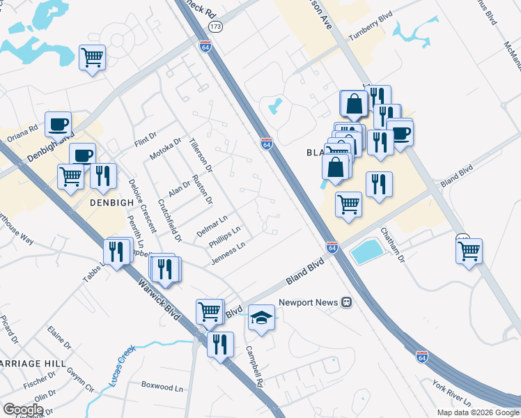 map of restaurants, bars, coffee shops, grocery stores, and more near 151 Jenness Lane in Newport News