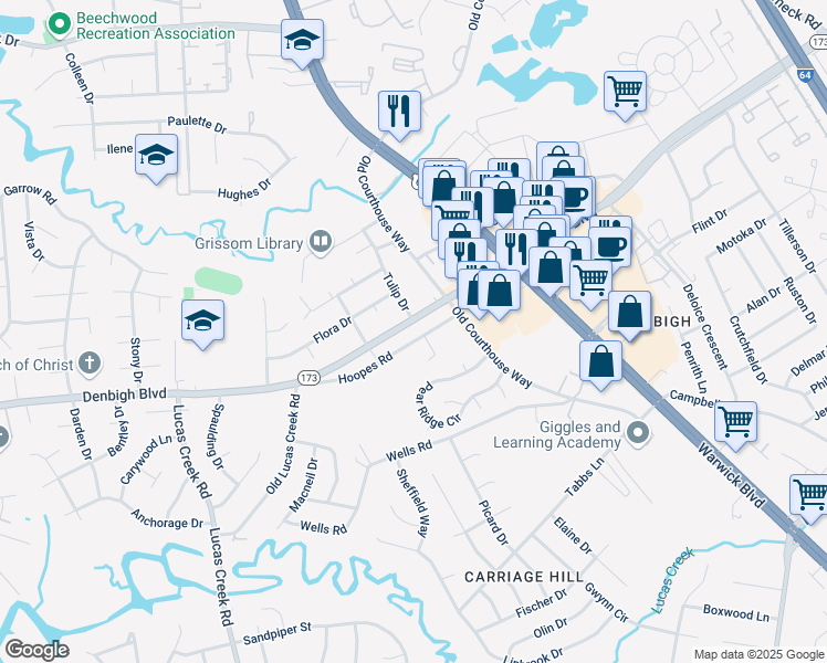 map of restaurants, bars, coffee shops, grocery stores, and more near 57 Carmella Circle in Newport News