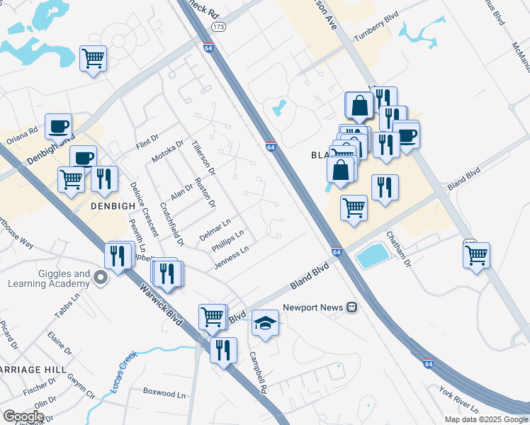 map of restaurants, bars, coffee shops, grocery stores, and more near 151 Jenness Lane in Newport News