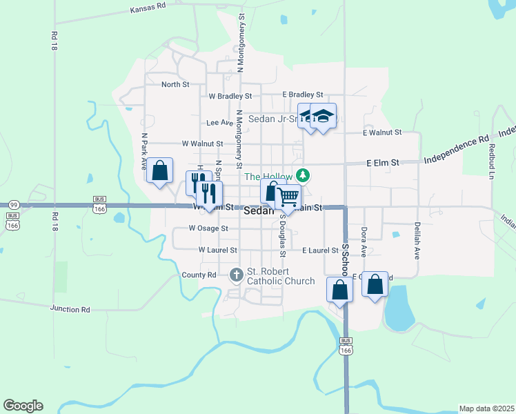 map of restaurants, bars, coffee shops, grocery stores, and more near 103 North Chautauqua Street in Sedan