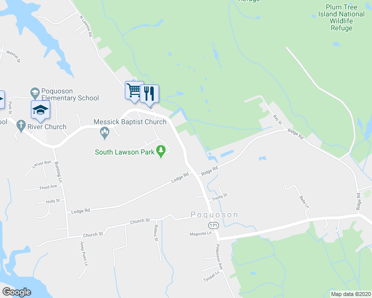 map of restaurants, bars, coffee shops, grocery stores, and more near 1225 Poquoson Avenue in Poquoson