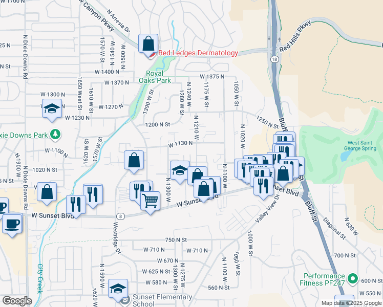 map of restaurants, bars, coffee shops, grocery stores, and more near 1040 North 1300 West in St. George