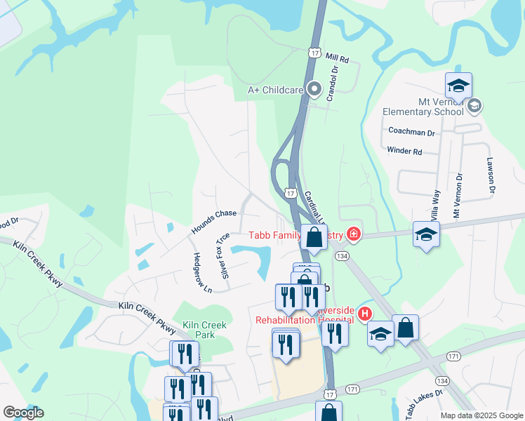 map of restaurants, bars, coffee shops, grocery stores, and more near 102 Hounds Chase in Yorktown