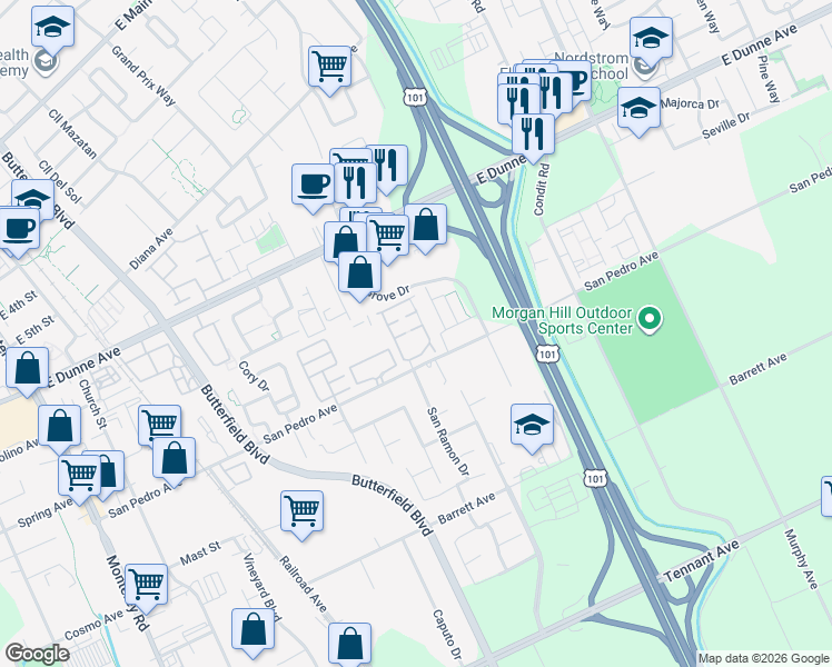 map of restaurants, bars, coffee shops, grocery stores, and more near 746 Anne Lane in Morgan Hill
