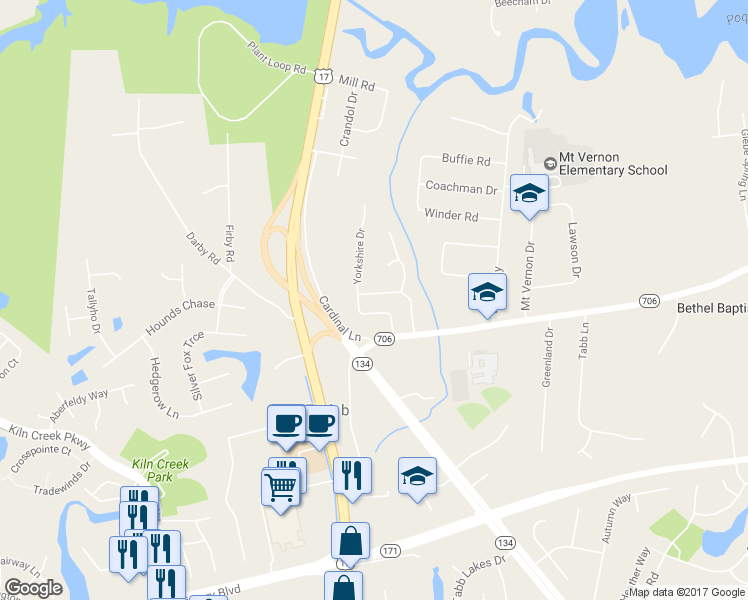map of restaurants, bars, coffee shops, grocery stores, and more near 104 Brook Run in Yorktown