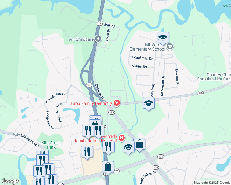 map of restaurants, bars, coffee shops, grocery stores, and more near 104 Brook Run in Yorktown