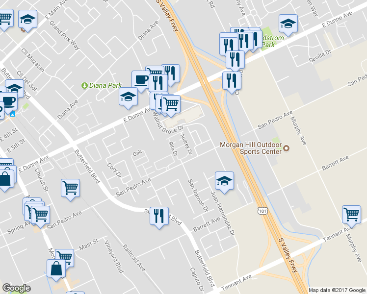 map of restaurants, bars, coffee shops, grocery stores, and more near 746 Anne Lane in Morgan Hill