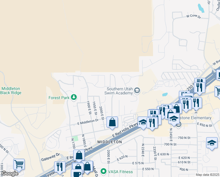map of restaurants, bars, coffee shops, grocery stores, and more near 2036 East Colorado Drive in St. George