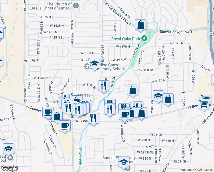 map of restaurants, bars, coffee shops, grocery stores, and more near 1065 North 1620 West in St. George