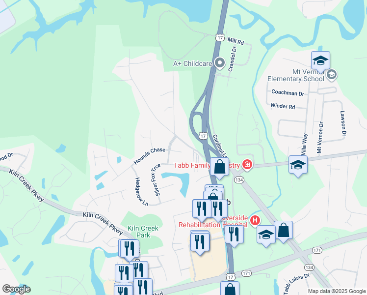 map of restaurants, bars, coffee shops, grocery stores, and more near 102 Hounds Chase in Yorktown