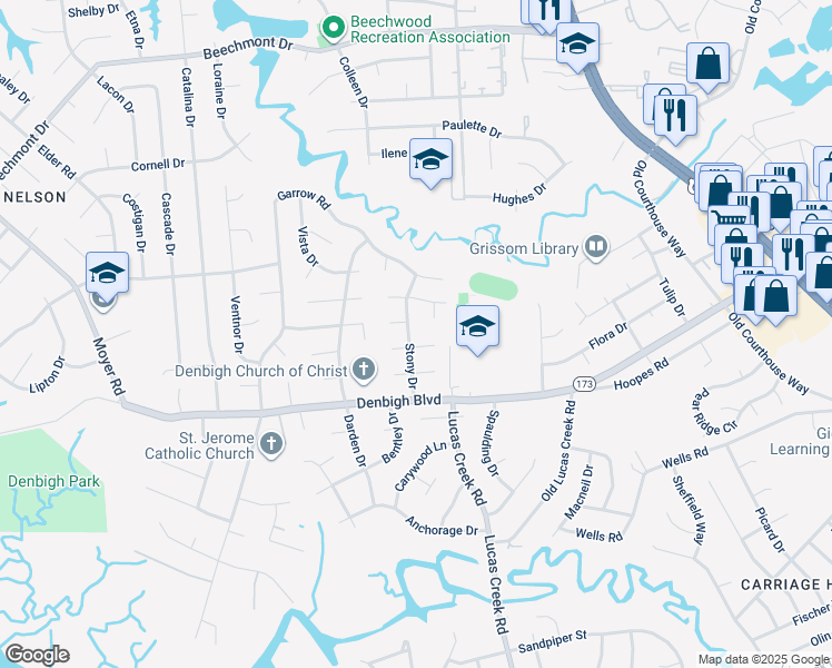 map of restaurants, bars, coffee shops, grocery stores, and more near 810 Stony Drive in Newport News