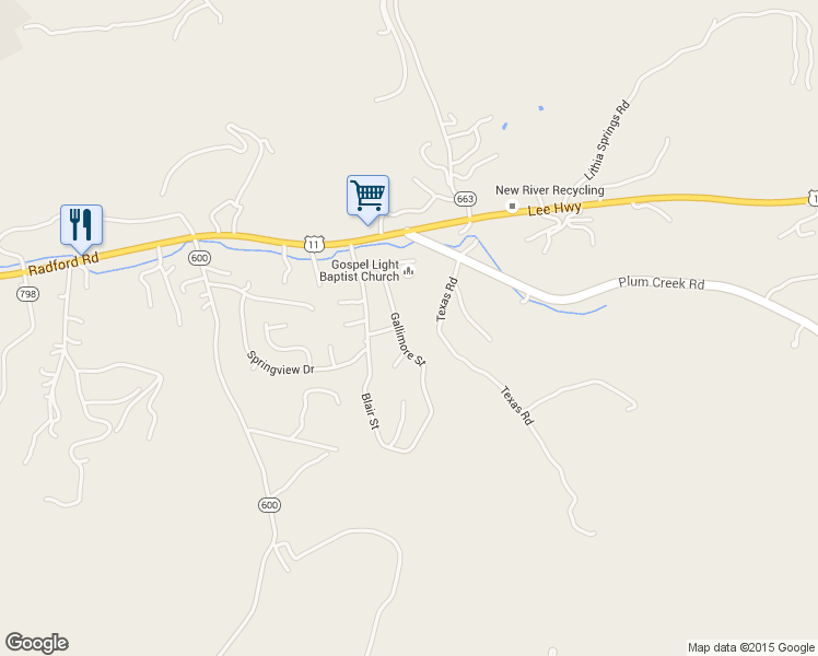 map of restaurants, bars, coffee shops, grocery stores, and more near 1650 Gallimore Street in Christiansburg