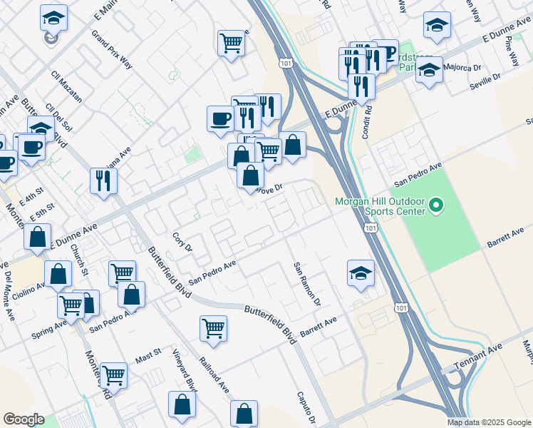map of restaurants, bars, coffee shops, grocery stores, and more near 16731 Rita Drive in Morgan Hill