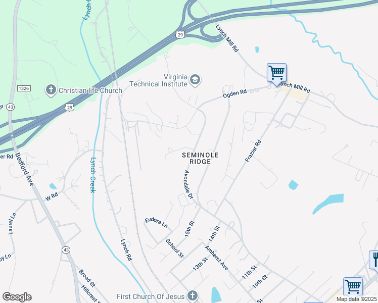 map of restaurants, bars, coffee shops, grocery stores, and more near 1616 Avondale Drive in Altavista