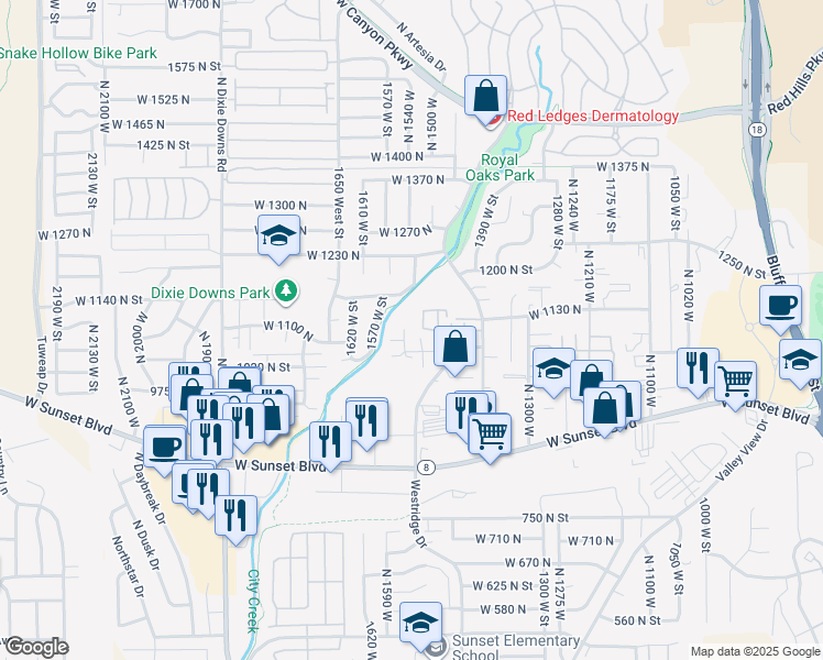 map of restaurants, bars, coffee shops, grocery stores, and more near 1082 North 1550 Street West in St. George